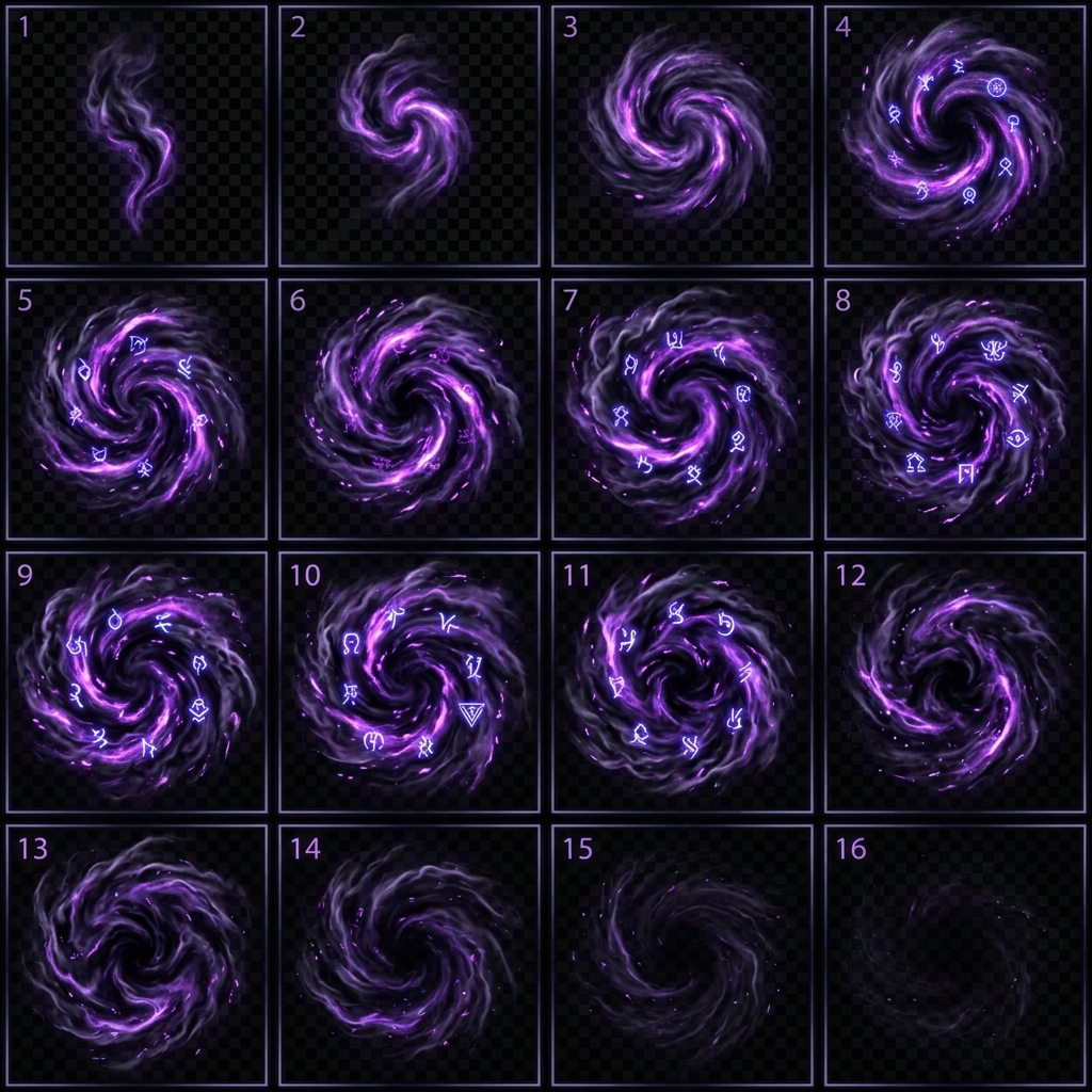Dark magic portal smoke flipbook — a 4x4 sprite sheet of a purple runed vortex forming and dissipating