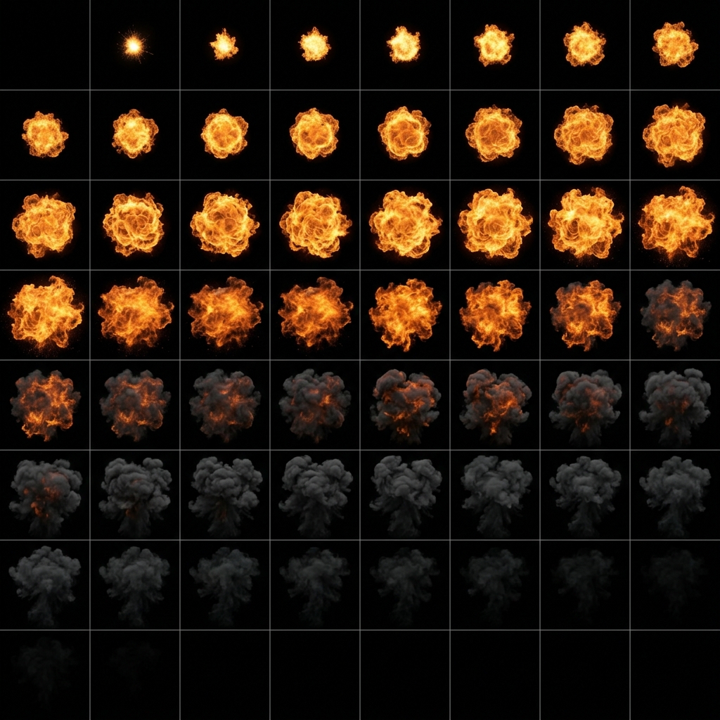 Realistic explosion burst sprite sheet — an 8x8 grid of a fireball igniting and rolling into rising smoke